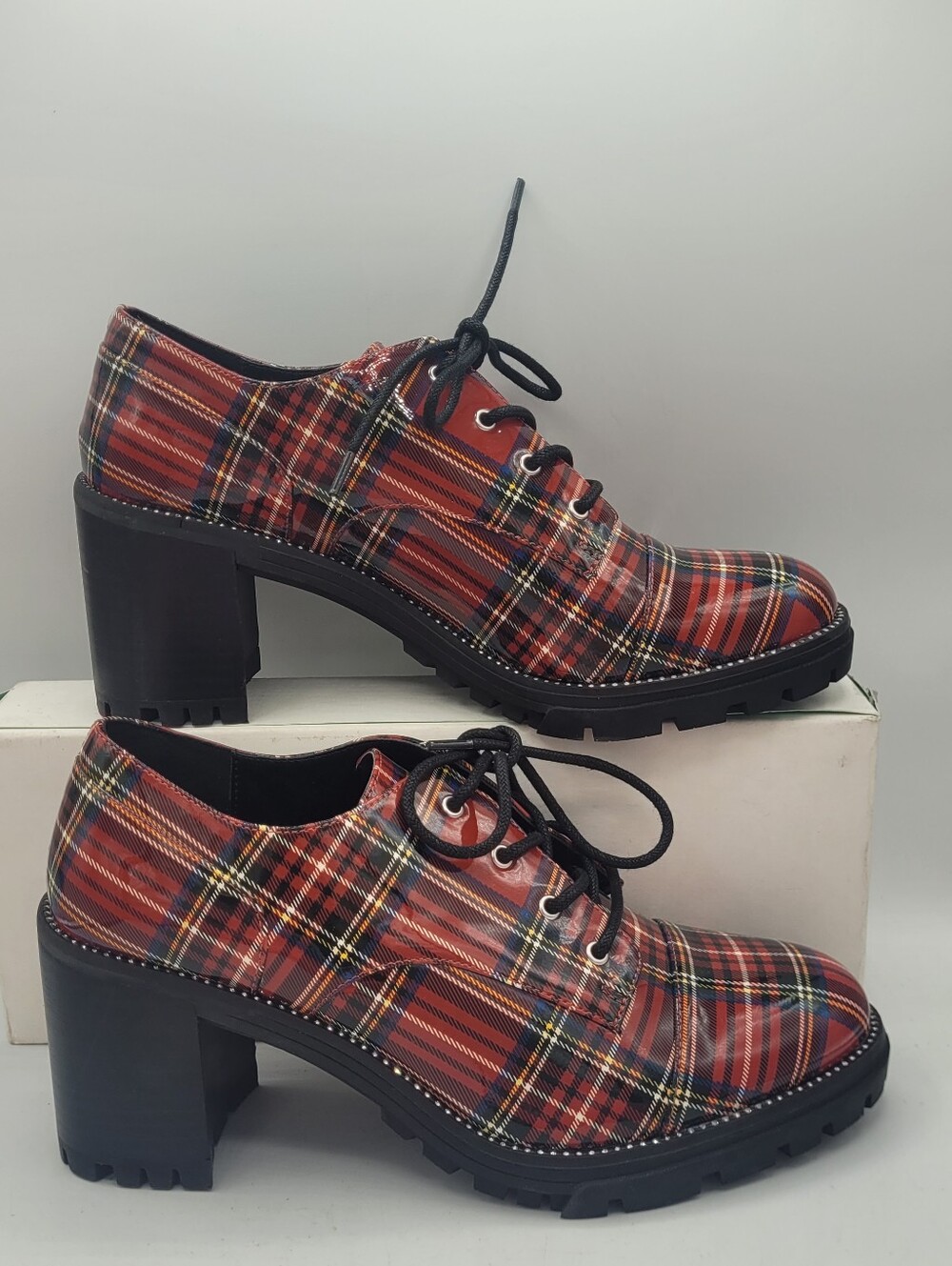 Jessica Simpson Resina red plaid Tartan chunky 3.25" heel oxfords - Picture 7 of 16